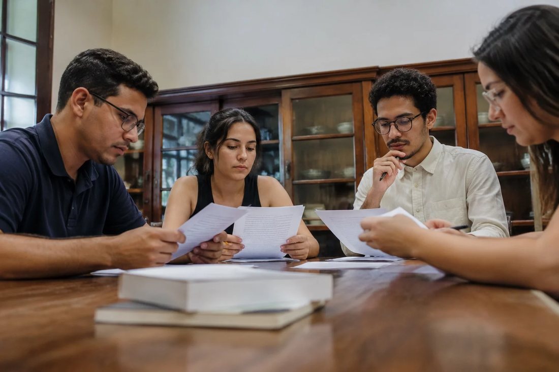 Profissionais em uma sala de reunião clara, uma pessoa de pé explicando um ponto