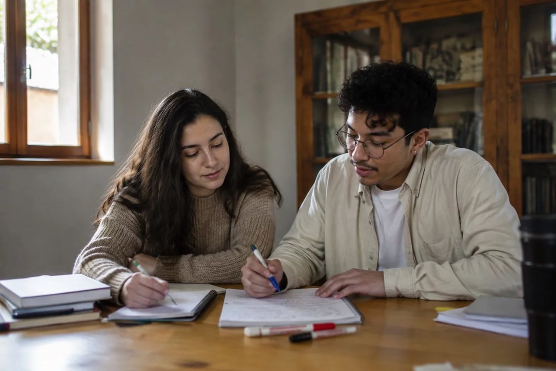 Estudantes de mochila conversando no corredor de uma universidade