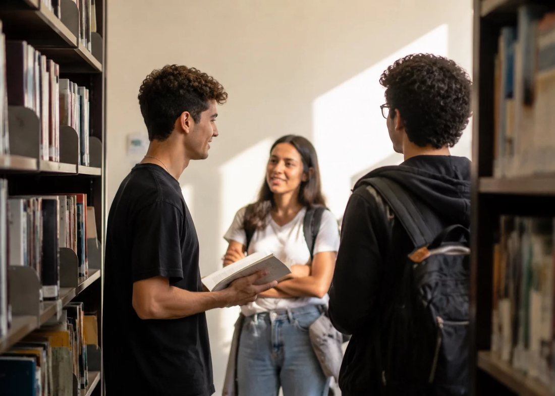 Alunos conversando de pé no corredor entre as estantes de uma biblioteca